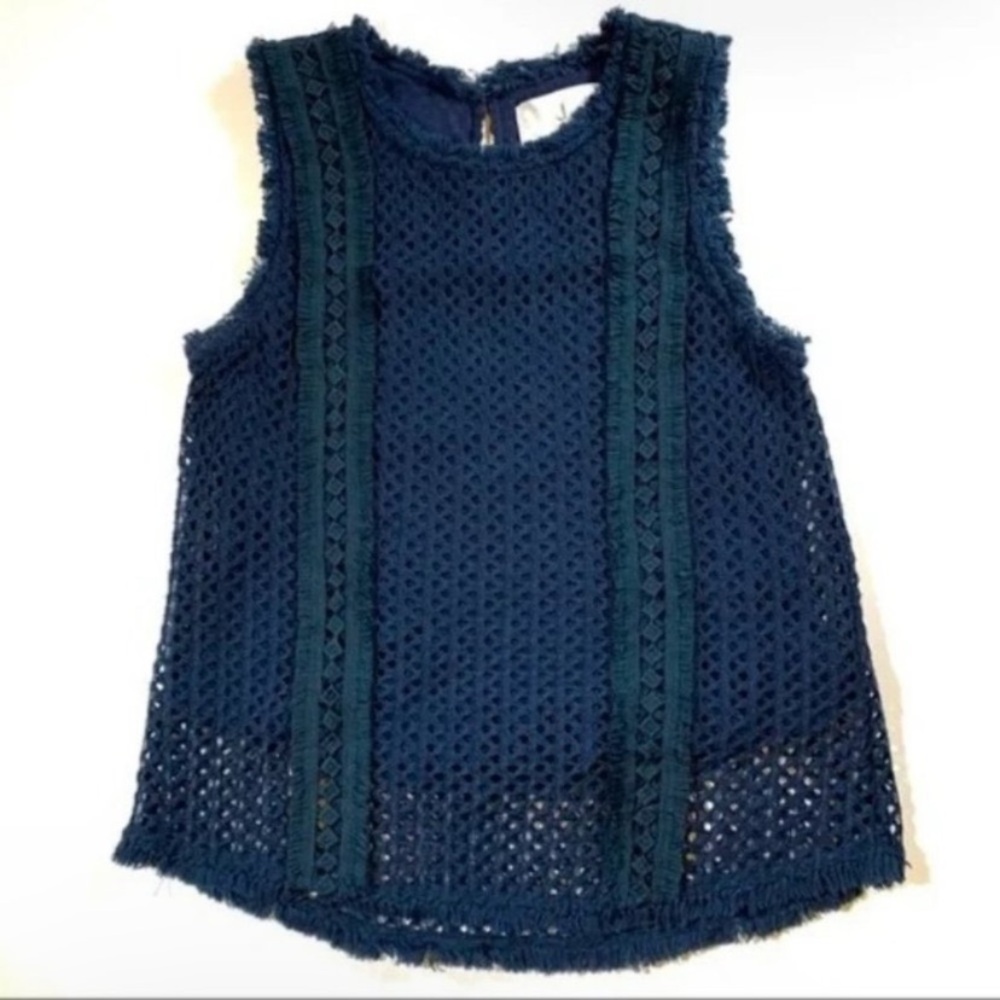 J.O.A. Navy Blue Eyelet and Fringe Sleeveless Summer Tank Top